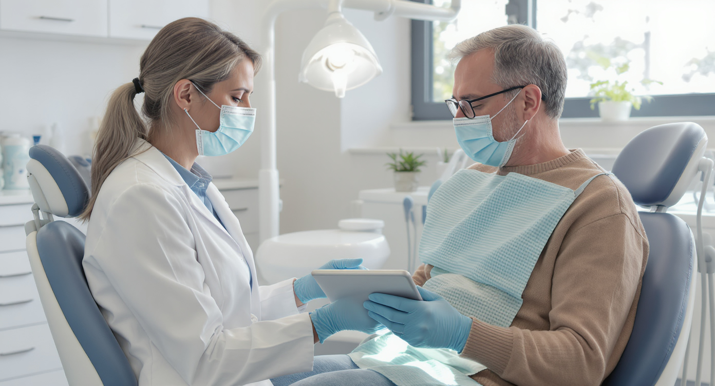 Dentist explains treatment to a patient on a tablet