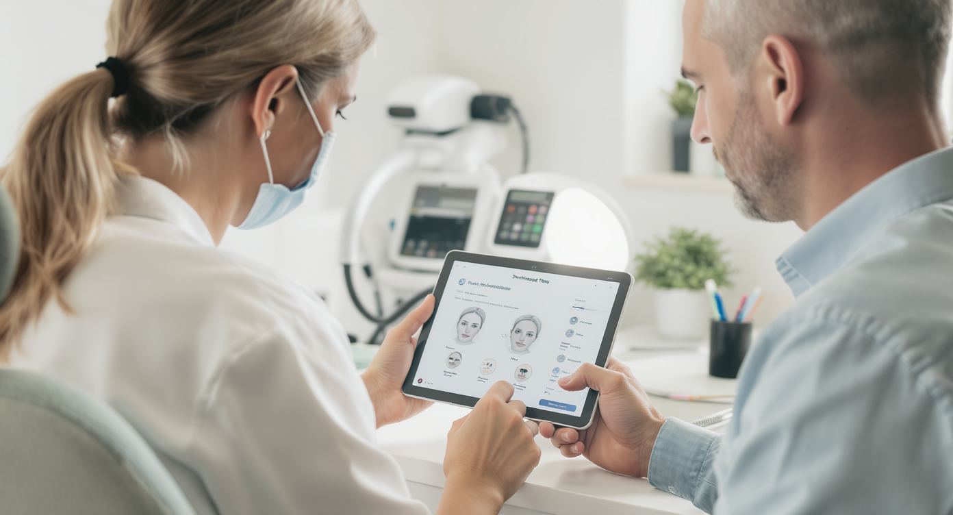 Dermatologist explains a care journey on a tablet