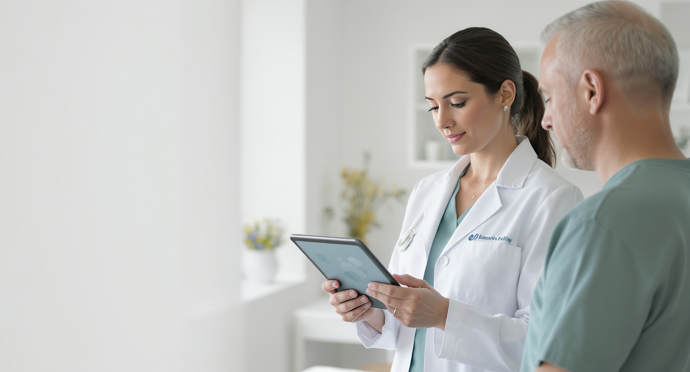 A practice team prepares a tablet for patient information