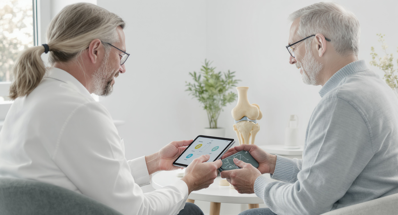 Orthopedic physician discusses a care plan on a tablet